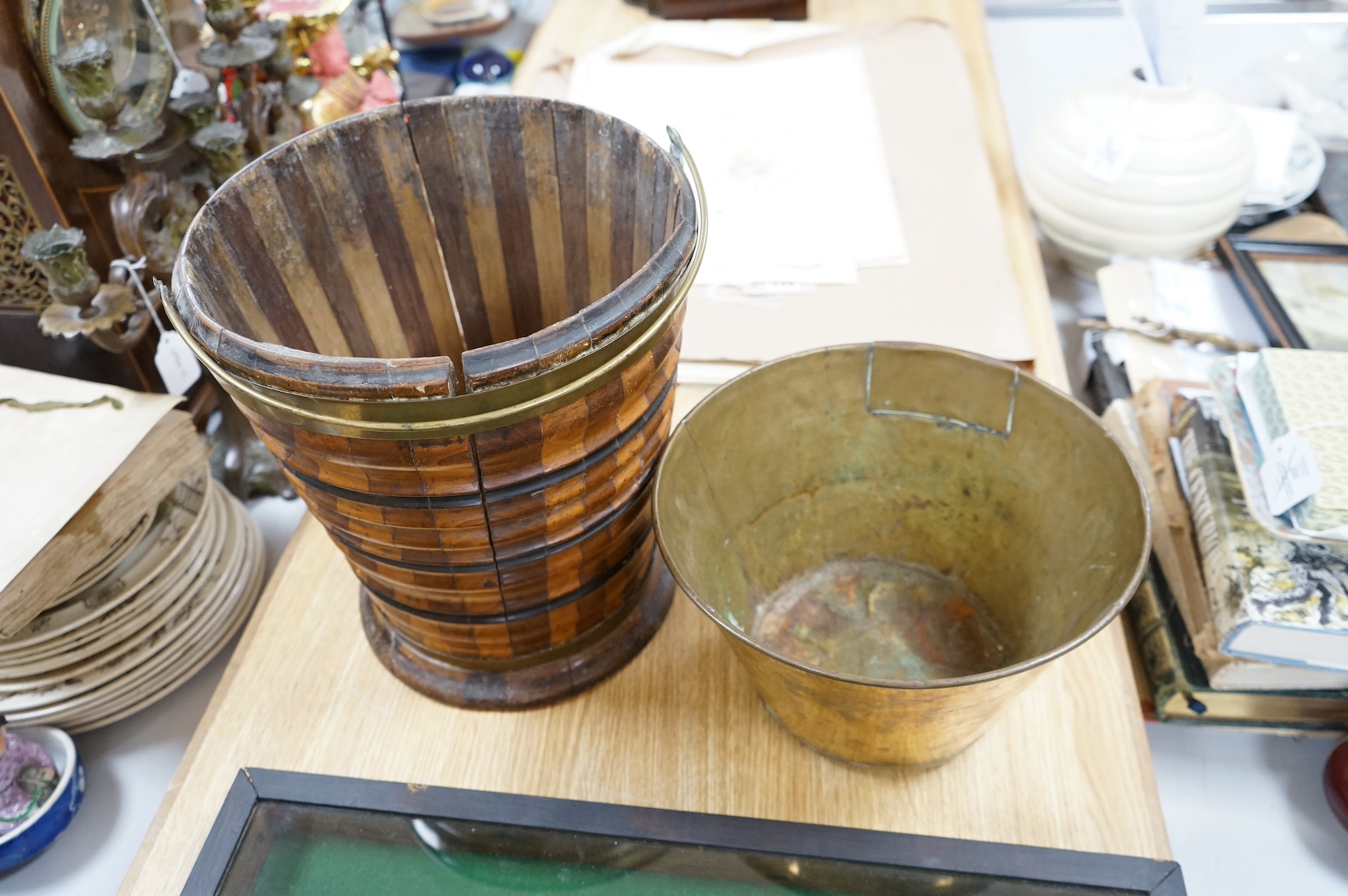 A 19th century Dutch marquetry oyster bucket with swing handle, 33cm high. Condition - fair